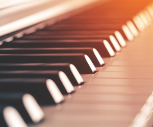 Piano keys illuminated by sunlight, side view close-up with shallow depth of field (toned)